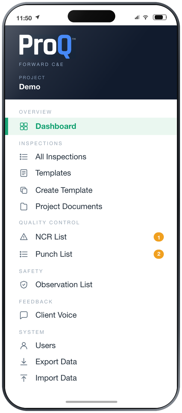 ProQ project menu on a phone