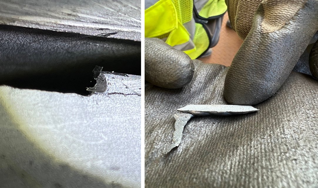 Close-up of the void at the weld root, and the sliver of unfused weld metal removed from it