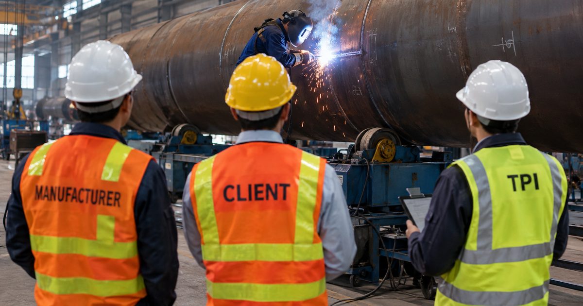 Manufacturer, client and third-party inspectors watching a welder on a pressure vessel shell